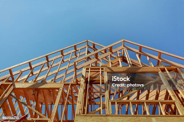 Interior Framing Of A New House Under Construction Stock Photo - Download Image Now - Construction Industry, Construction Site, House