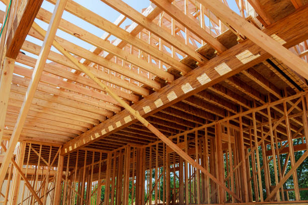 istock Interior framing of a new house under construction 885566762