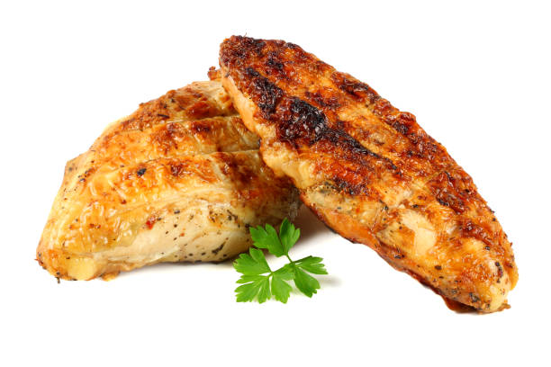 istock Grilled chicken fillet isolated on white background 885574530