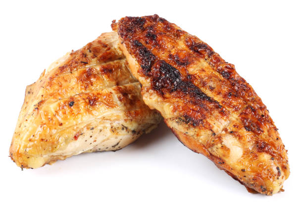 istock Grilled chicken fillet isolated on white background 885574630