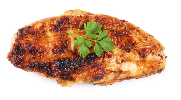 istock Grilled chicken fillet isolated on white background 885574646