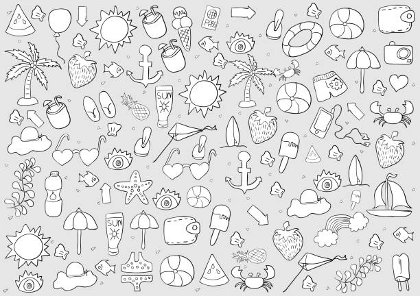ilustrações de stock, clip art, desenhos animados e ícones de summer symbols and objects., drawing by hand vector. - computer icon icon set hotel symbol