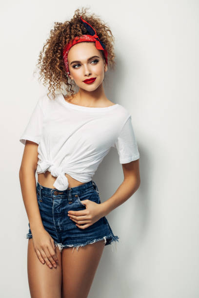 Young woman wearing jeans shorts