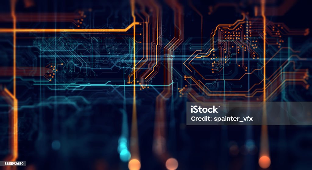 Printed circuit board in the server  executes the data. Abstract technological background made of different element printed circuit board. Depth of field effect and bokeh. Abstract Stock Photo