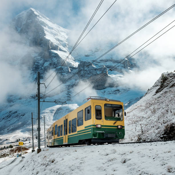 Swiss mountain train on its way to Kleine Scheidegg station, Monday 30 October 2017, Grindelwald, Switzerland.