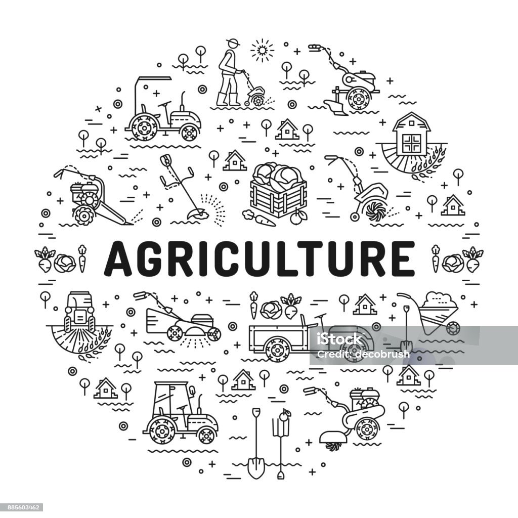 Agriculture And Farming Line Art Icons Farm Infographics Design Template  Garden Tiller And Farm Machines Vector Illustration Agriculture And  Gardening Mockup Flyers Banners Book Covers - Arte vetorial de stock e mais