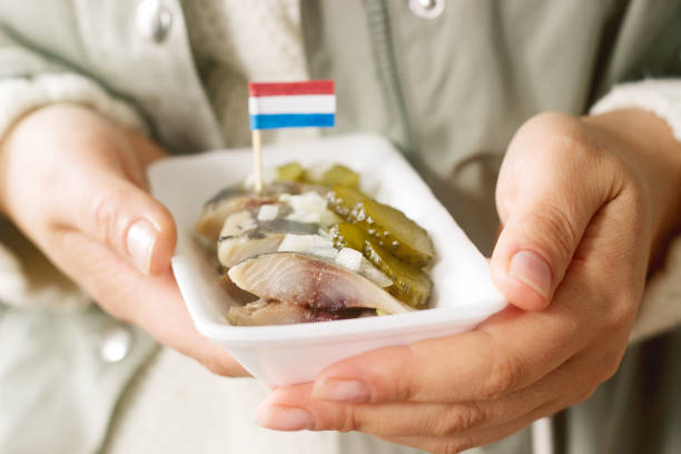 istock Dutch herring with onion and pickled cucumber in the womens hands. Selective focus. 885606120