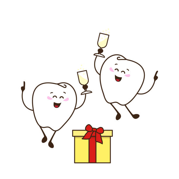 Holiday dental poster. Funny characters Holiday dental poster. Funny characters are celebrating an important event with glasses of champagne drawing of a happy birthday smiley emoticon stock illustrations
