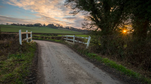 país lane - single lane road road sunset rural scene - fotografias e filmes do acervo