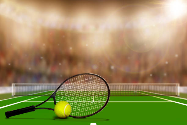 istock Tennis Racket and Ball on Hard Court With Copy Space 885631416