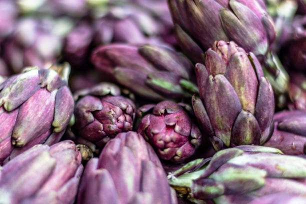 carciofi esposti in vendita in bancarelle di fiere agricole - purple artichoke foto e immagini stock