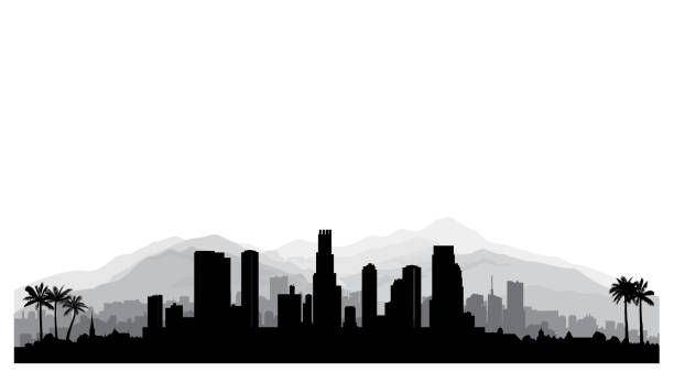 アメリカ ・ ロサンゼルスのスカイライン。超高層ビル, 山とヤシの木シルエットの市。有名なアメリカの都市景観 - 都市の全景点のイラスト素材／クリップアート素材／マンガ素材／アイコン素材