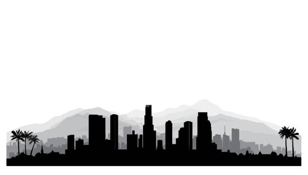 ilustrações de stock, clip art, desenhos animados e ícones de los angeles, usa skyline. city silhouette with skyscraper buildings, mountains and palm trees. famous american cityscape - city of los angeles los angeles county downtown district cityscape