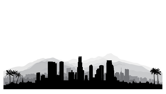 Los Angeles, USA skyline. City silhouette with skyscraper buildings, mountains and palm trees. Cityscape with famous american landmarks. Urban architectural landscape.