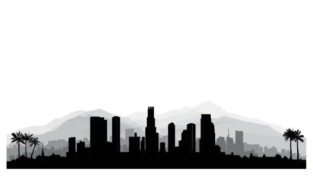 Vector illustration of Los Angeles, USA skyline. City silhouette with skyscraper buildings, mountains and palm trees. Famous american cityscape