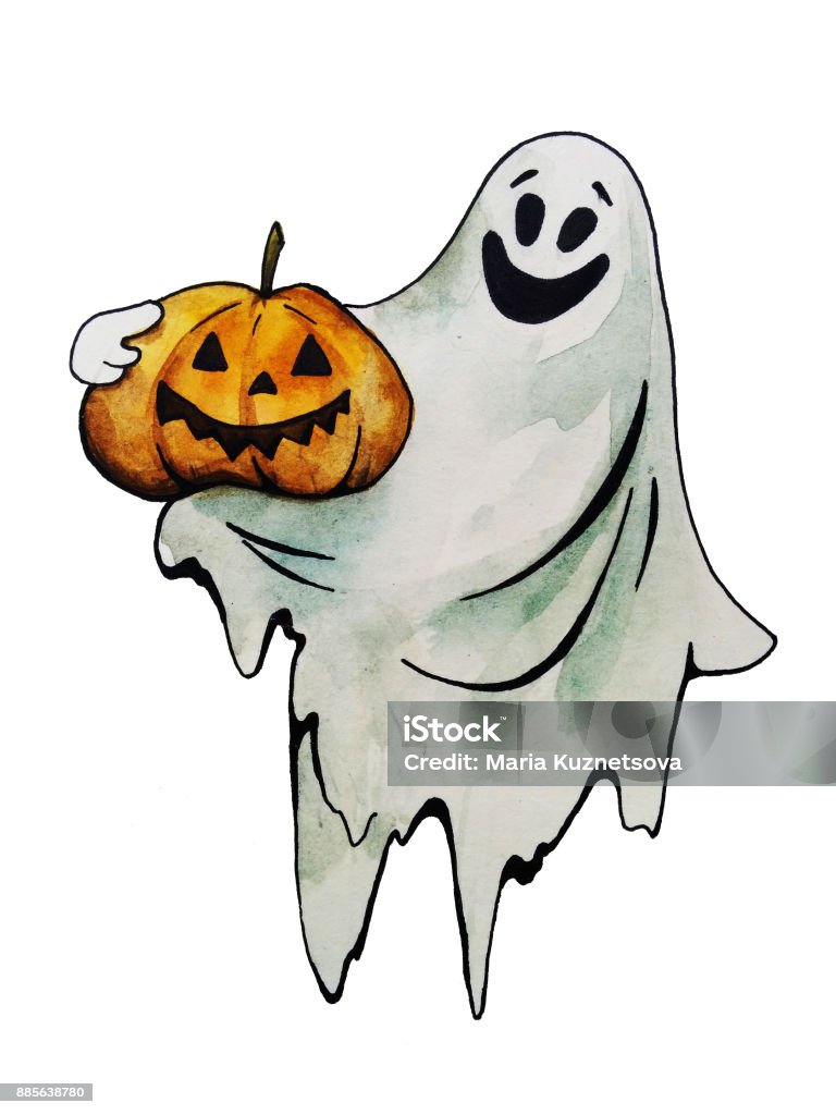 흰색 배경에 고립 된 호박 손으로 그린 수채화 일러스트 할로윈 유령 귀신에 대한 스톡 벡터 아트 및 기타 이미지 - 귀신, 10월,  공포-무서움 - Istock