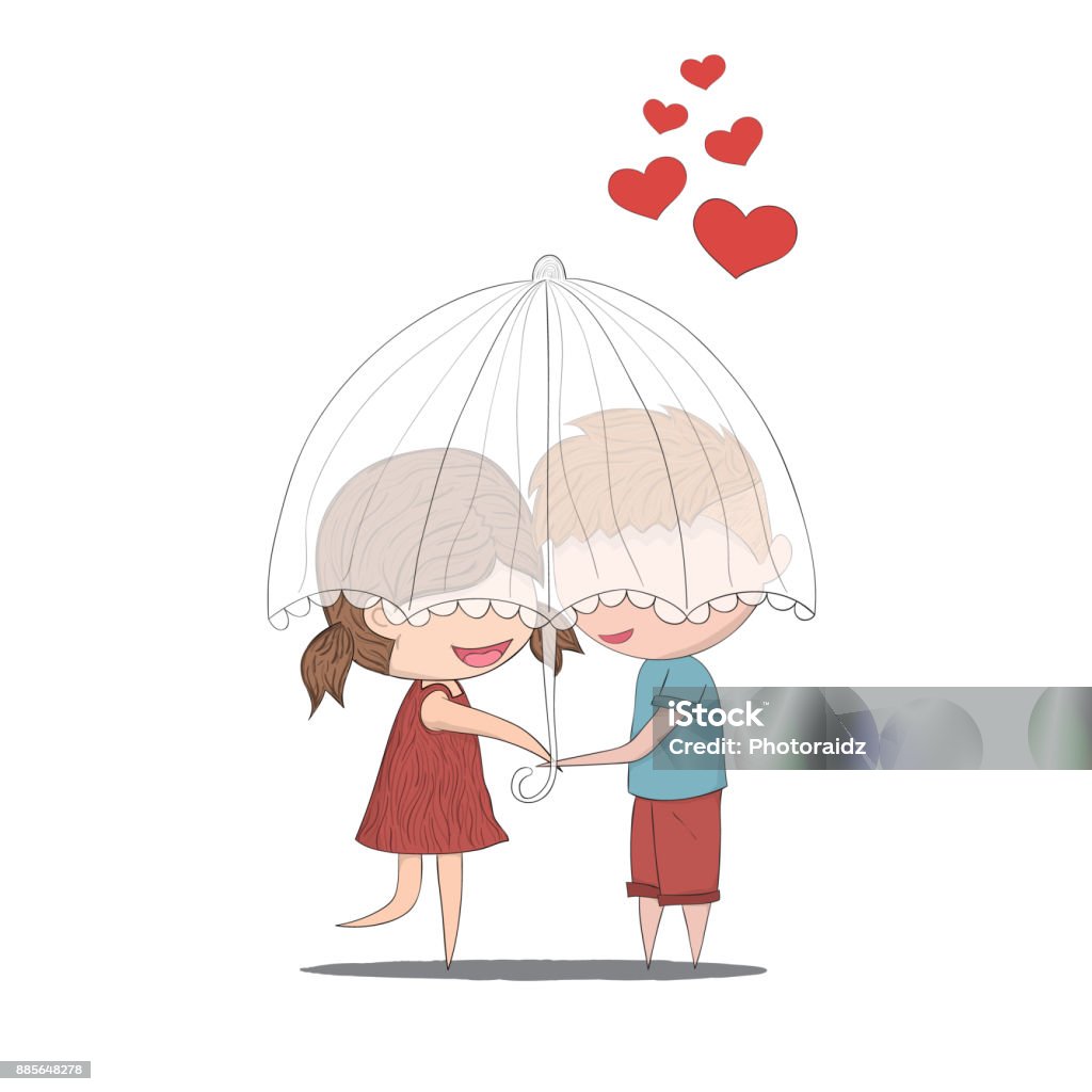 Cute cartoon doodle lovers a boy and a girl under umbrella.cute Valentine's Day card, drawing by hand vector Girls stock vector