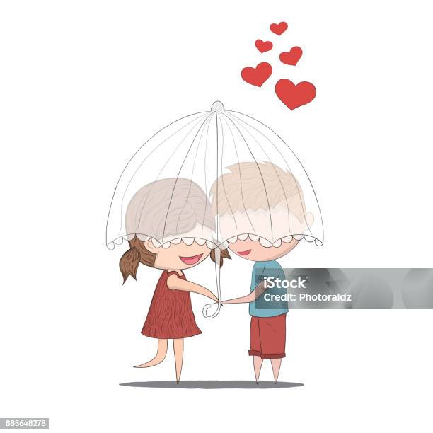 Cute Cartoon Doodle Lovers A Boy And A Girl Under Umbrellacute Valentines Day Card Drawing By Hand Vector Stock Illustration - Download Image Now