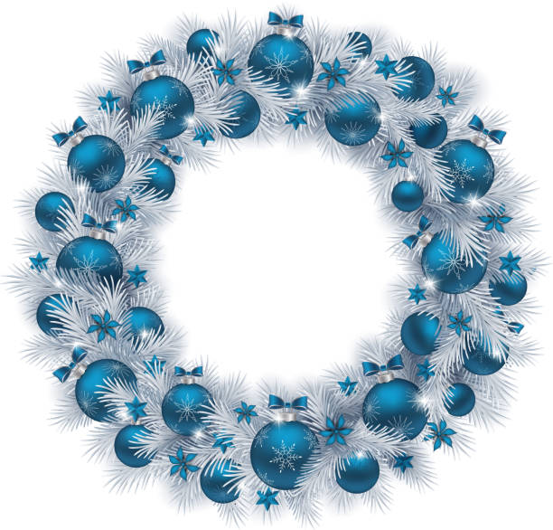 istock Christmas wreath with silver colour fir branches and blue balls isolated on white background 885650330