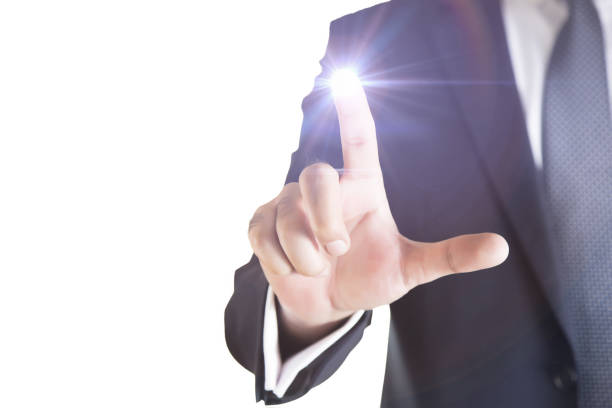 istock Close up of businessman touching digital screen with finger 885662414