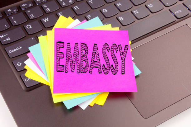 istock Writing Embassy text made in the office close-up on laptop computer keyboard. Business concept for Tourist Visa Application Workshop on the black background with copy space 885752044