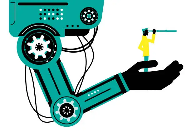 Vector illustration of Engineer (Businessman) with hand-held telescope on robotic arm, side view, Partnership, Artificial intelligence to benefit people and society