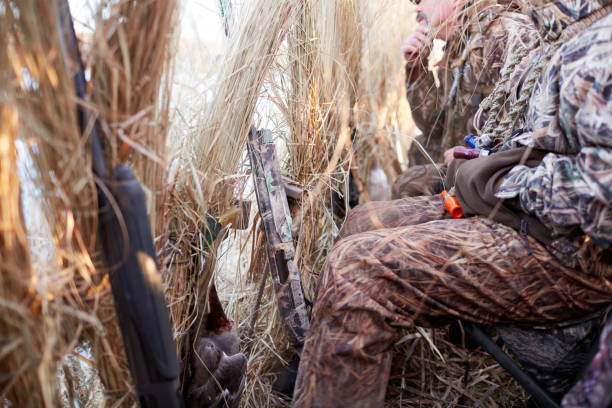 istock Hunters in camouflage sitting in a concealed hide 885761776