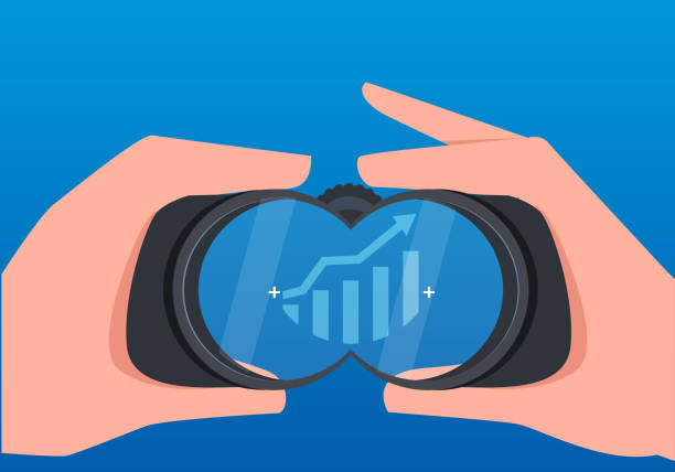 illustrazioni stock, clip art, cartoni animati e icone di tendenza di gli uomini d'affari usano i telescopi per osservare la crescita dei dati aziendali - forecasting