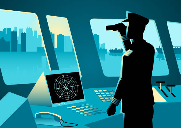 Graphic illustration of a ship captain Graphic illustration of a ship captain using a binoculars in navigation room binoculars silhouettes stock illustrations