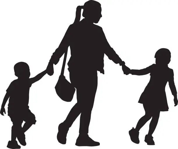Vector illustration of Mother Walking With Son And Daughter