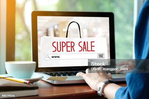 Woman Hands Typing Laptop Computer With Www On Search Bar Over Online Super Sale Banner Background Holiday Shopping Online Business And Technology Stock Photo - Download Image Now