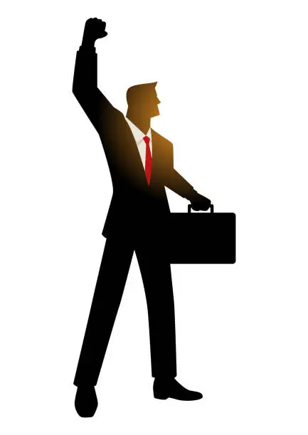 Vector illustration of Businessman with suitcase raising his right arm