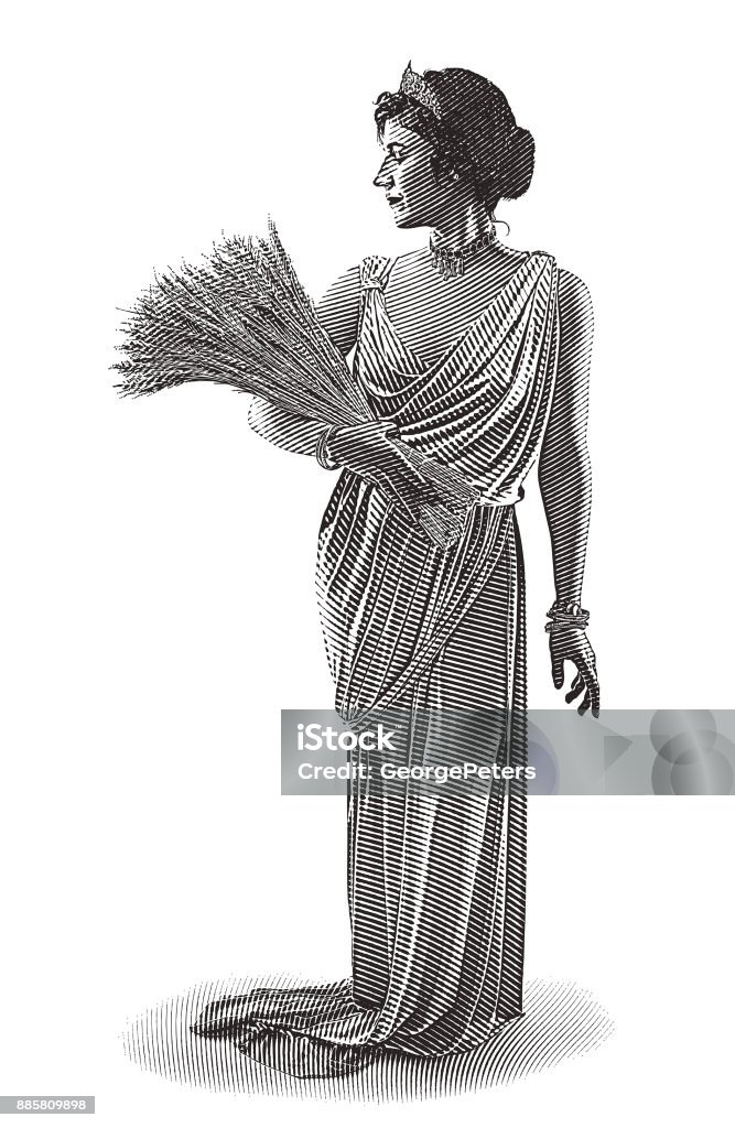 Engraving illustration of Demeter, the goddess of the harvest and fertility Sheaf of Wheat stock vector