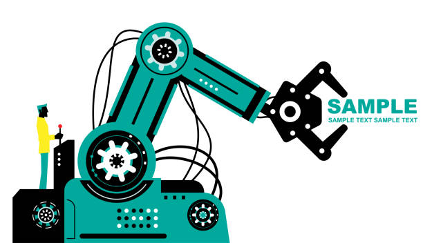 Engineer (Businessman) using joystick to operate robotic arm, side view, Partnership, Artificial intelligence to benefit people and society AI Robot Characters Vector art illustration.Copy Space. electronic discovery stock illustrations