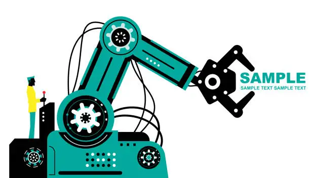 Vector illustration of Engineer (Businessman) using joystick to operate robotic arm, side view, Partnership, Artificial intelligence to benefit people and society
