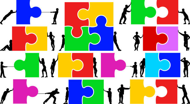 puzzles  - pushing pulling men silhouette stock-grafiken, -clipart, -cartoons und -symbole