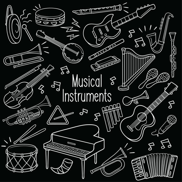 doodle-musikinstrumente in tafel - trumpet bugle cornet cartoon stock-grafiken, -clipart, -cartoons und -symbole