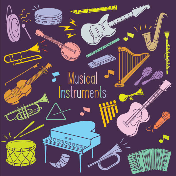 doodle-musikinstrumente in pastellfarben - trumpet bugle cornet cartoon stock-grafiken, -clipart, -cartoons und -symbole
