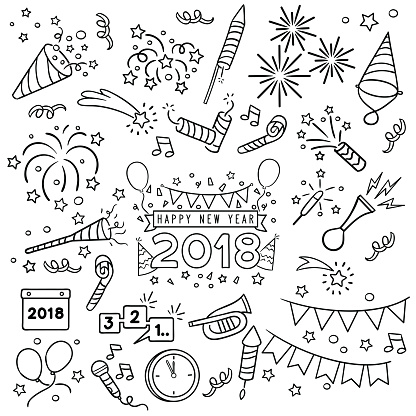 New year party doodle elements in black isolated over white background