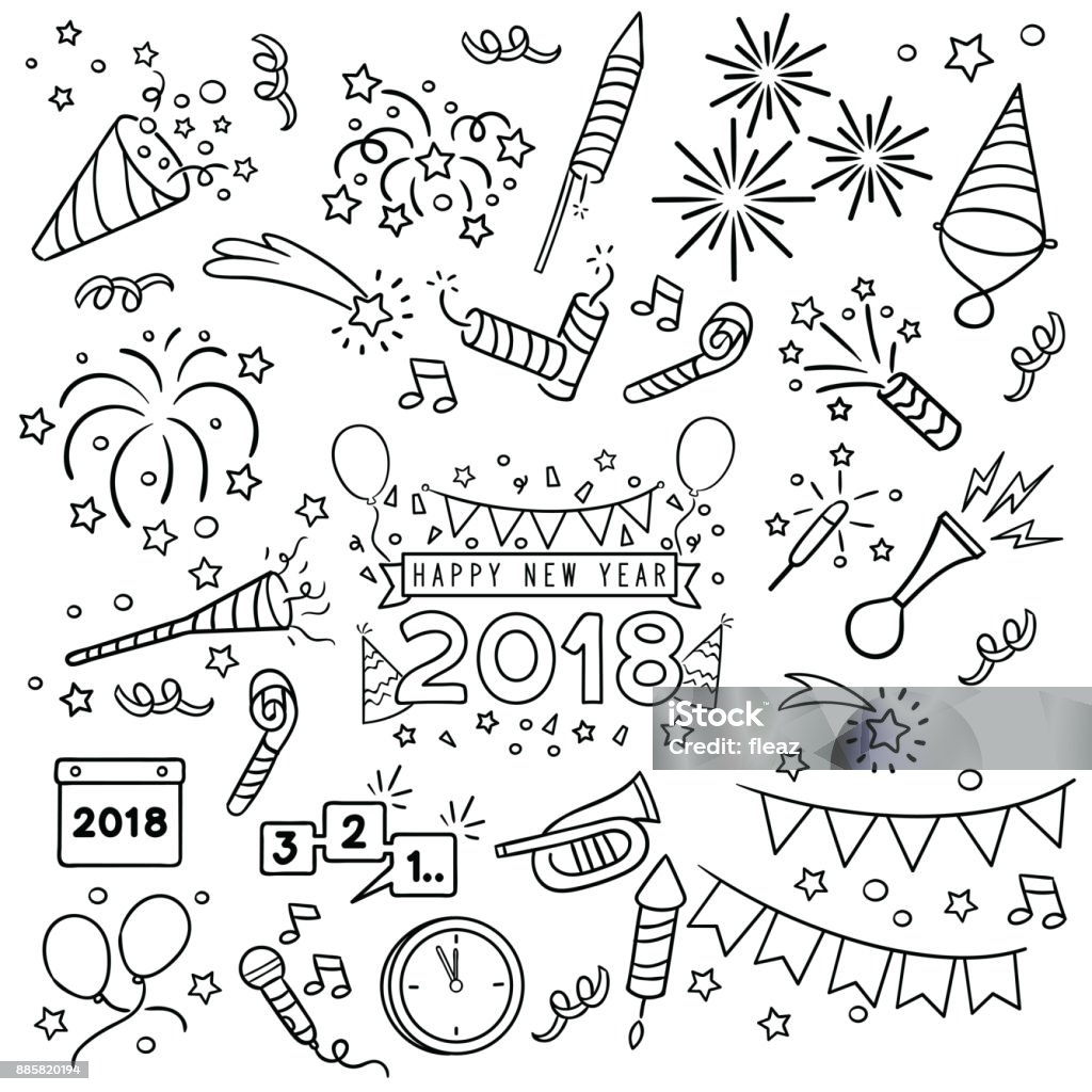 New year celebration line draw. New year party doodle elements in black isolated over white background Party - Social Event stock vector