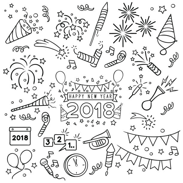 New year celebration line draw. New year party doodle elements in black isolated over white background party hat stock illustrations