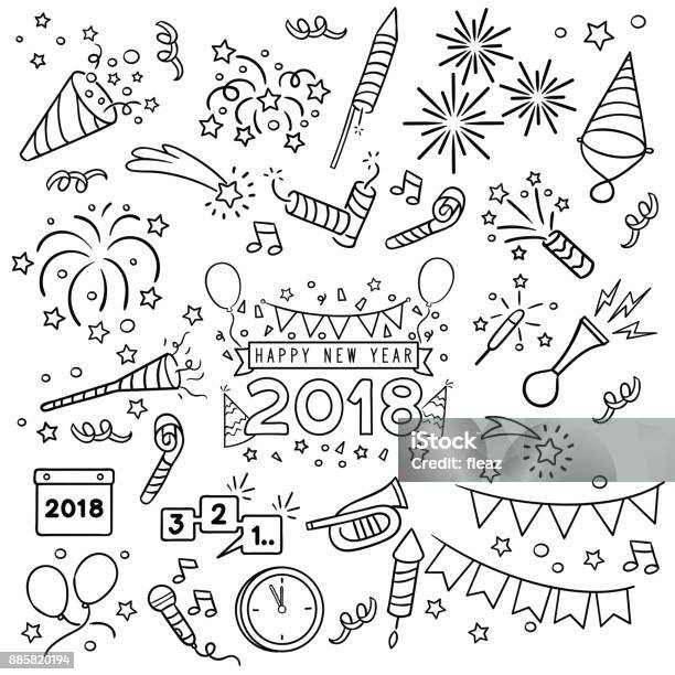 New Year Celebration Line Draw Stock Illustration - Download Image Now - Party - Social Event, Celebration, Doodle