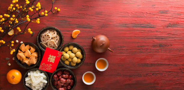 Chinese new year food and drink still life. Flat lay Chinese new year food and drink still life. Texts appear in image: Prosperity, spring, good luck. chinese food photos stock pictures, royalty-free photos & images