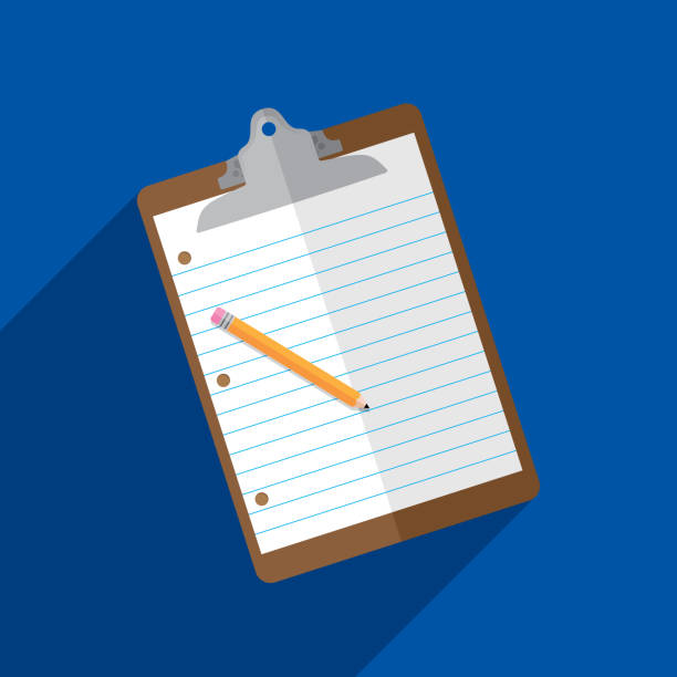 Clipboard Icon Flat Vector illustration of a clipboard with paper and pencil against a blue background in flat style. writing notes stock illustrations