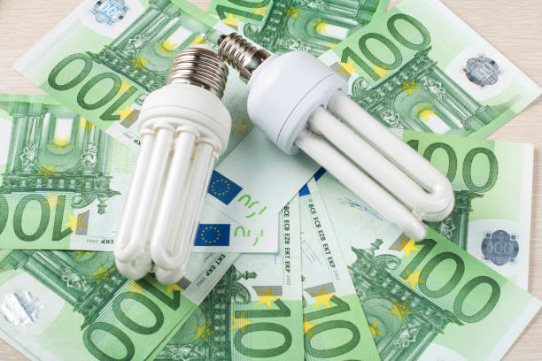 istock Energy saving fluorescent lamp on money background, Eco light bulb, comparison of energy saving lamps and incandescent lamps.Energy saving and saving electricity concept 885855810