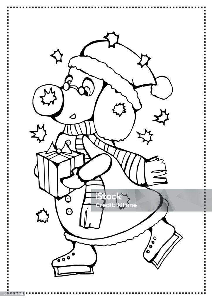 Vector Christmas illustration zentangl dog in a scarf and hat. Doodle drawing. Coloring book anti stress for adults. Meditative exercises. Black and white. Adult stock vector