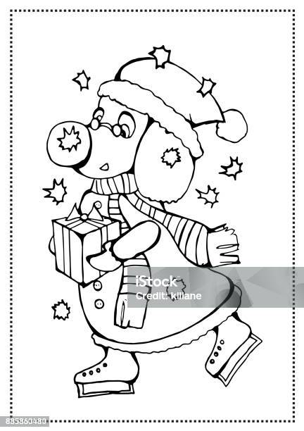 Vector Christmas Illustration Zentangl Dog In A Scarf And Hat Doodle Drawing Coloring Book Anti Stress For Adults Meditative Exercises Black And White Stock Illustration - Download Image Now