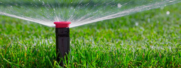 istock automatic sprinkler system watering the lawn on a background of green grass 885860864