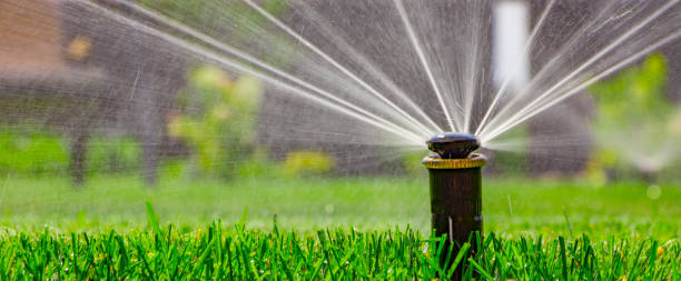 automatic sprinkler system watering the lawn on a background of green grass automatic sprinkler system watering the lawn on a background of green grass, close-up agricultural sprinkler stock pictures, royalty-free photos & images