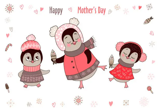 Vector illustration of Cute mom and girl penguins are dancing